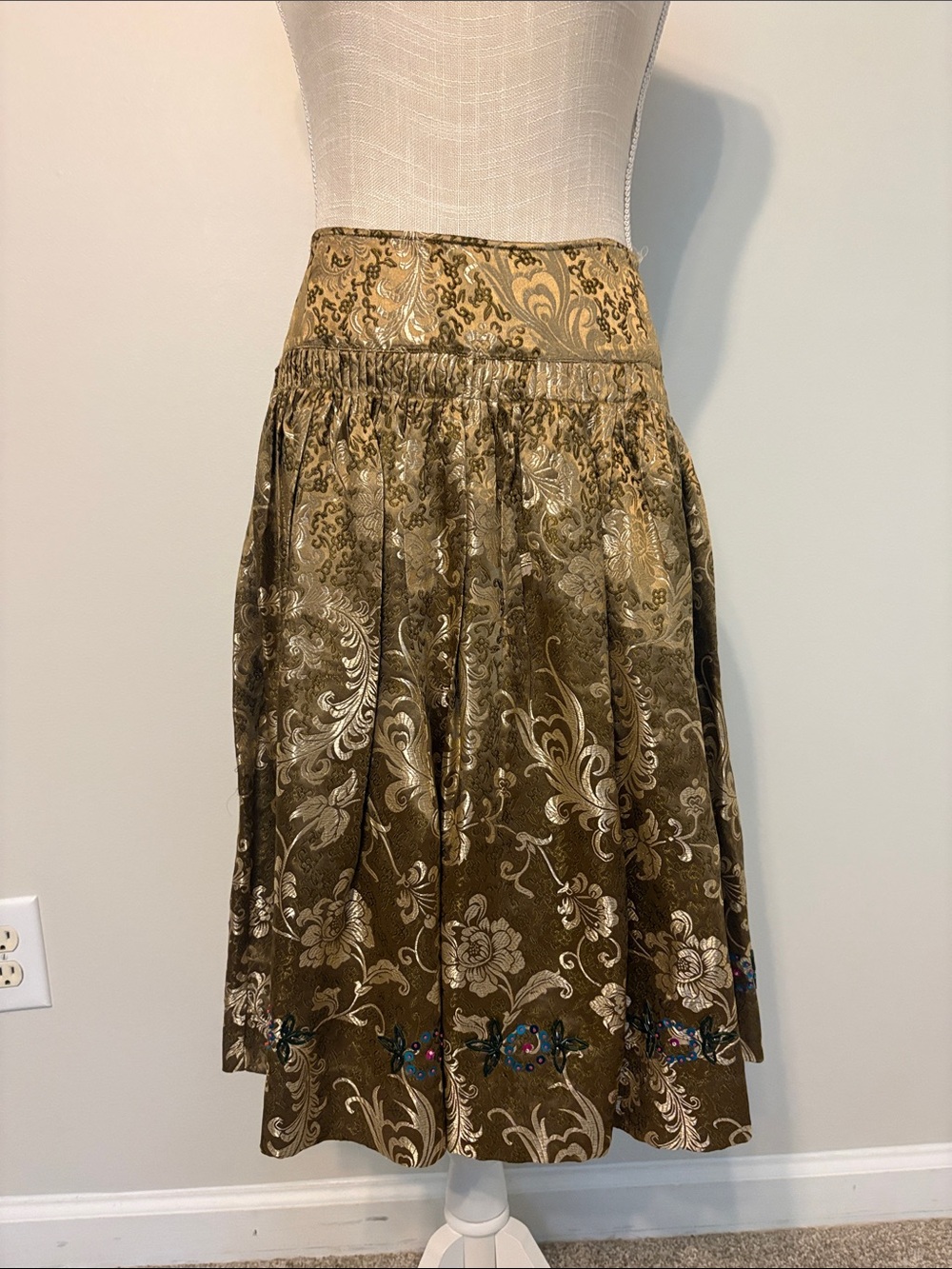 Olive Brocade A-Line Midi Skirt